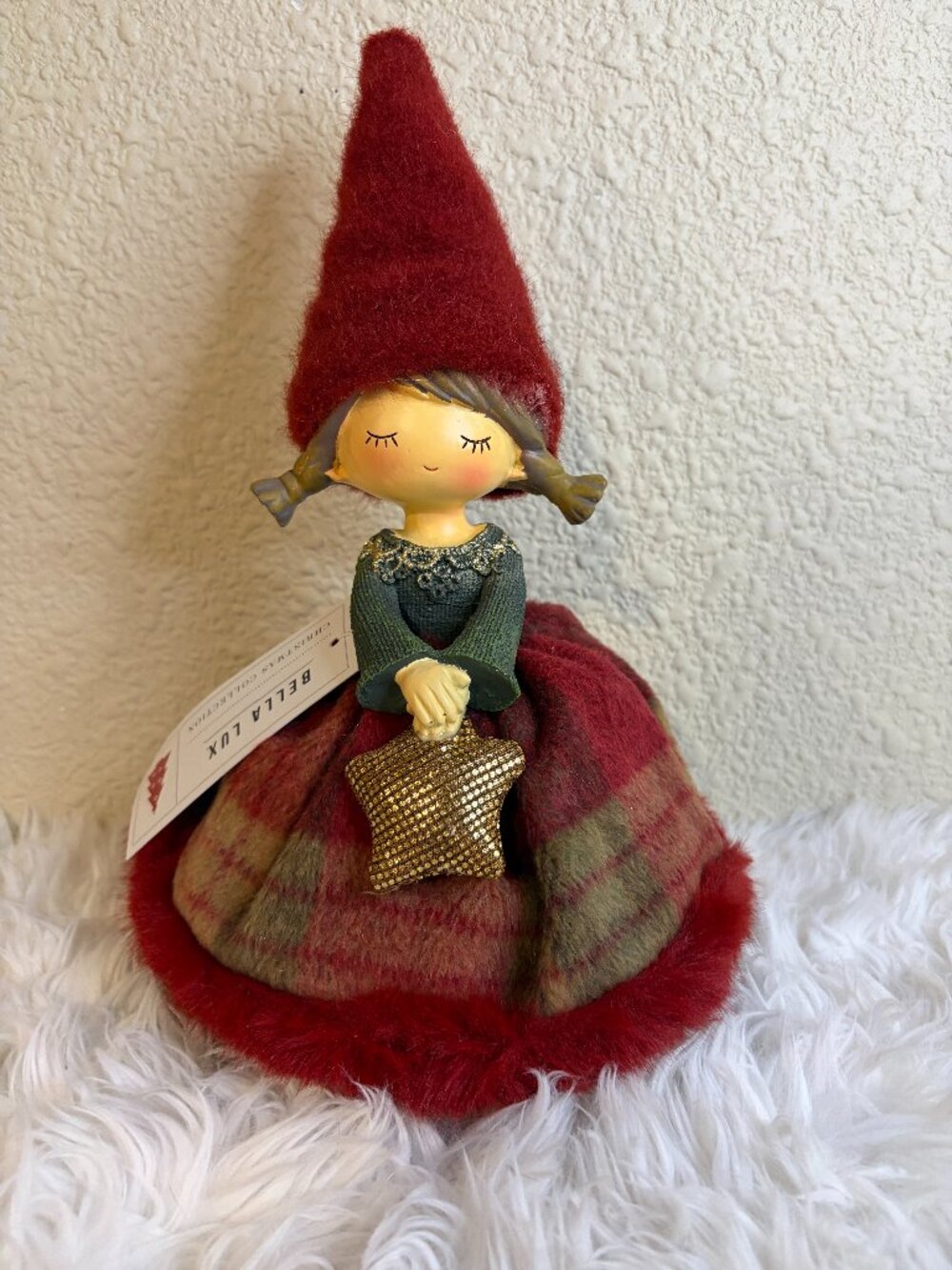 Bella Lux Christmas Girl Angel Red Plaid Star Holiday Figurine Decor NWT